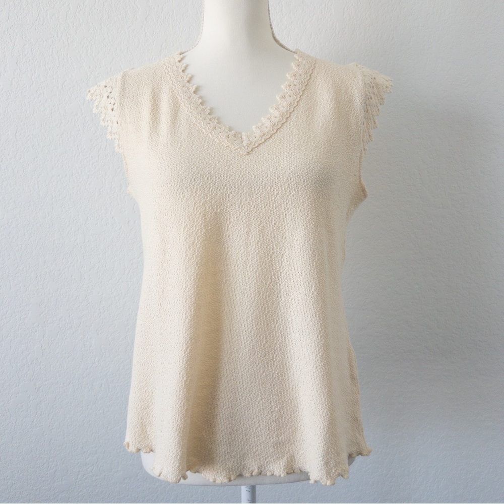 Lua-Benoa 100% Peruvian Cotton Crochet Trim Knit Top Women’s Large Cream